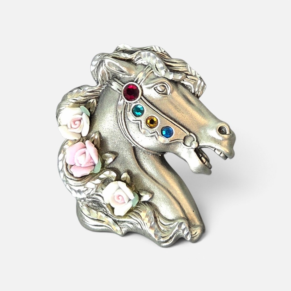 Vintage Fable Silver Tone Horse Head Brooch with Porcelain Roses & Rhinestones
